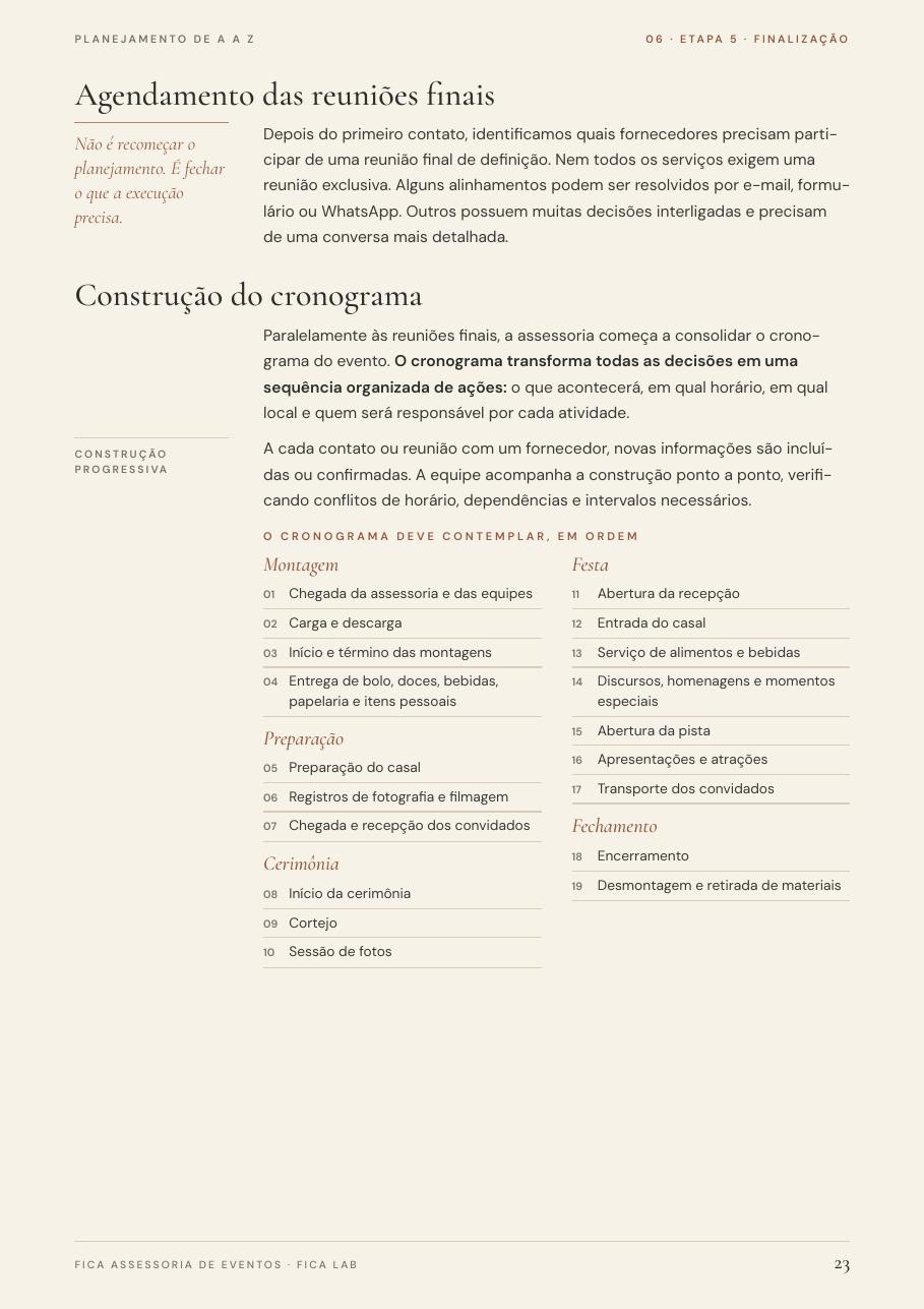Página interna do ebook: Cronograma organizado por momento do evento